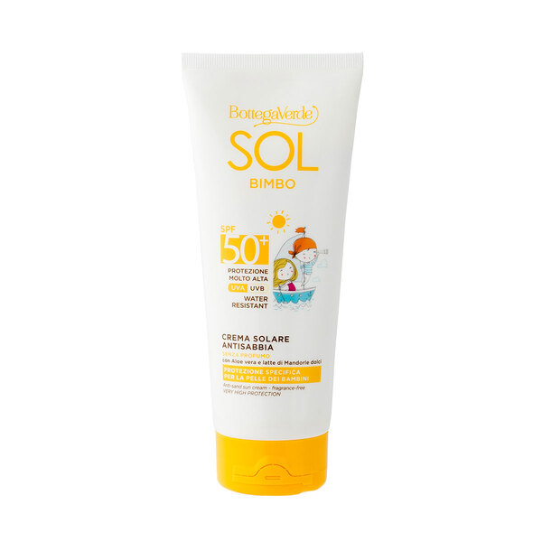  Bottega Verde Bottega Verde Sol Bimbo - Crema Solare - Antisabbia, Resistente All'acqua - Senza Profumo - Con Aloe Vera E Latte Di Mandorle Dolci - Protezione Molto Alta Spf50+ - Water Resistant - Protezione Specifica Per La Pelle Dei Bambini 