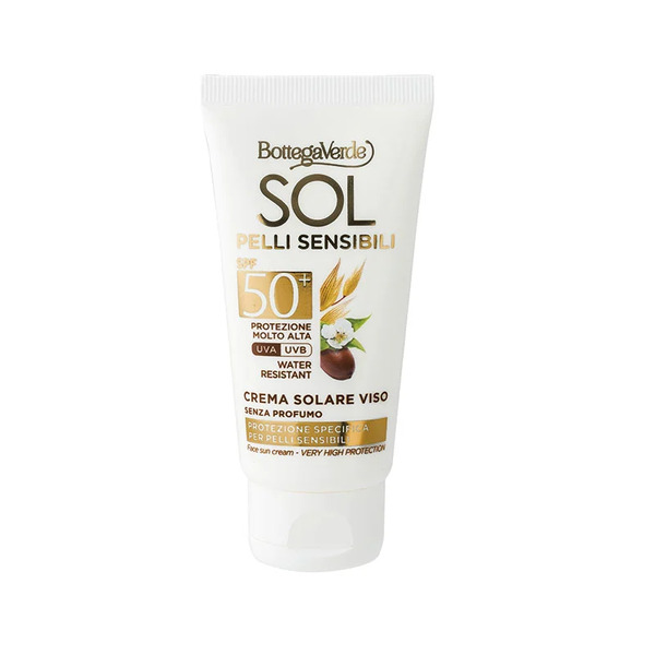  Bottega Verde Bottega Verde Sol Pelli Sensibili - Crema Solare Viso - Senza Profumo - Protezione Specifica Per Pelli Sensibili - Con Olio Di Jojoba E Latte Di Avena - Protezione Molto Alta Spf50+ (50 Ml)- Water Resistant 