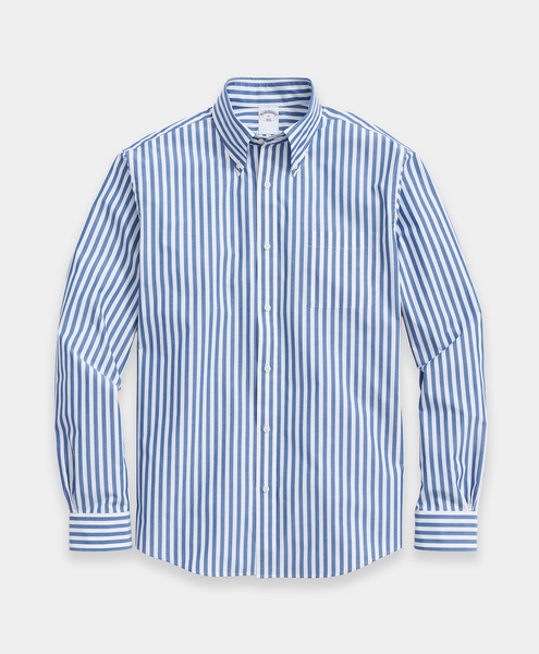  Brooks Brothers Camicia Regular Fit In Popeline A Righe Con Collo Button Down - Uomo Camicie Casual Blu L 