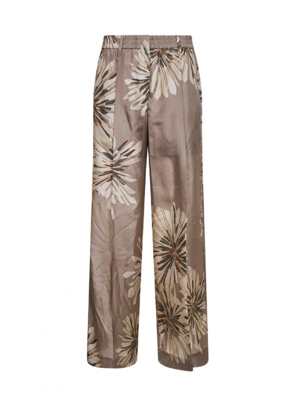  Brunello Cucinelli Brunello Cucinelli | Pantaloni Sartorial Track In Pongée Bloom Print Di Seta Kaki Con Monile | Donna | 44 