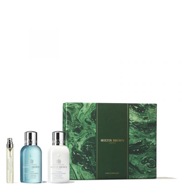  Molton Brown Coastal Cypress & Sea Fennel Travel Gift Set 7,5 Ml Eau De Toilette + 100 Ml Gel Doccia + 100 Ml Lozione Corpo - 7,5 Ml Eau De Toilette + 100 Ml Gel Doccia + 100 Ml Lozione Corpo 