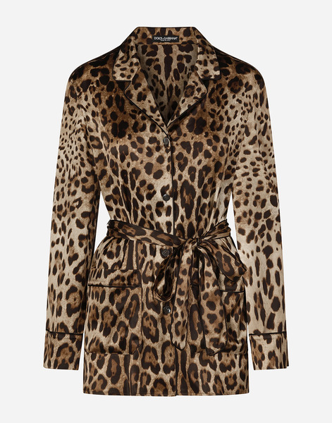  Dolce & Gabbana Camicia Pigiama In Raso Stampa Leopardo Con Cintura - Donna Camicie E Top Stampa Animalier Cotone 48 