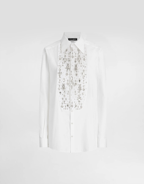  Dolce & Gabbana Camicia Tuxedo In Cotone Con Plastron Ricamato In Strass - Donna Camicie E Top Bianco Cotone 42 