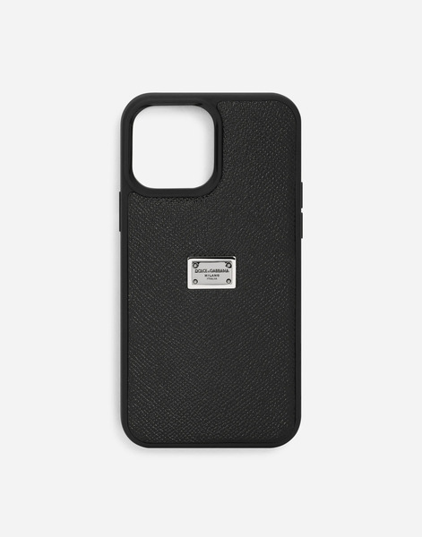  Dolce & Gabbana Cover Iphone 13 Pro Max In Pelle Di Vitello Con Targhetta Logata - Uomo Technology Nero Pelle Onesize 