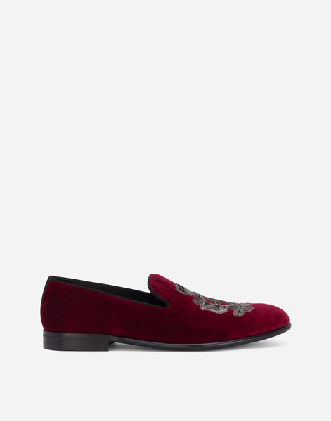  Dolce & Gabbana Velvet Slippers With Coat Of Arms Embroidery - Uomo Driver E Mocassini Bordeaux Velluto 42 