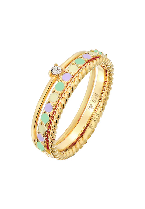  Elli - Pila Set Moderno Solitario Ritorto Tendenza Multicolore Con Smalto E Cristallo In Argento Sterling 925 Placcato Oro Anelli 1 Pieces Female 