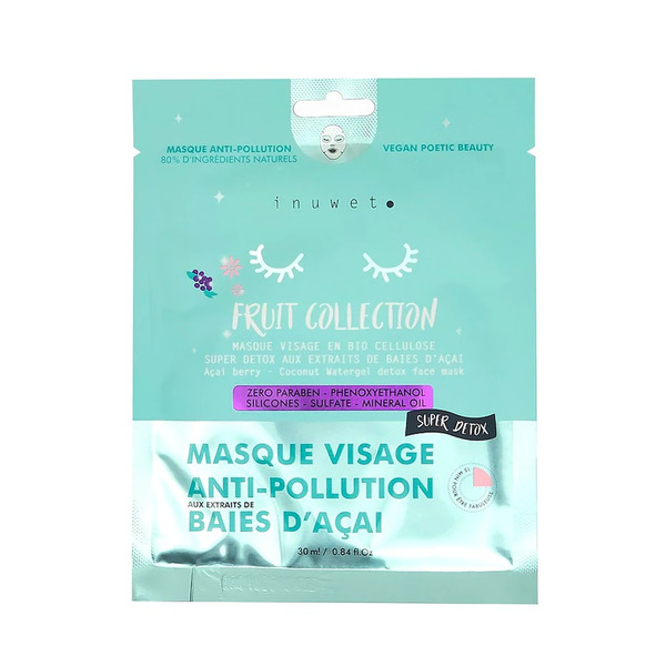  Inuwet - Maschera Viso Vegana Biocellulosa - Collezione Frutta - Anti Inquinamento - Bacche Di Acai Maschera Idratante 30 Ml Unisex 