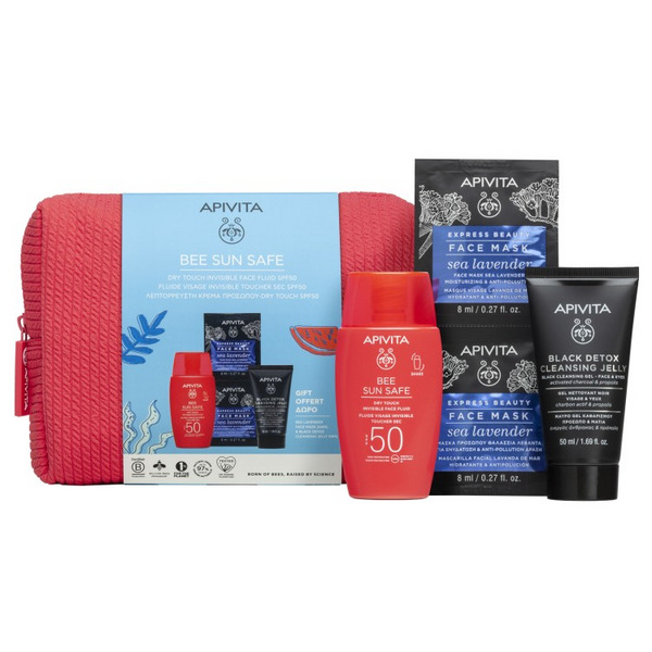  Apivita Bee Sun Safe Cofanetto Promo Fluido Viso Spf50 In Regalo Gel Detergente Nero + Maschera Viso + Pochette 