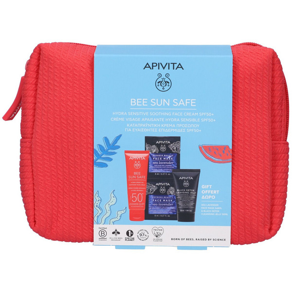  Apivita Bee Sun Safe Set Solare Con Crema Viso Lenitiva Hydra Sensitive Spf50+ + Maschera Viso Idratante + Black Detox E Pochette In Regalo 