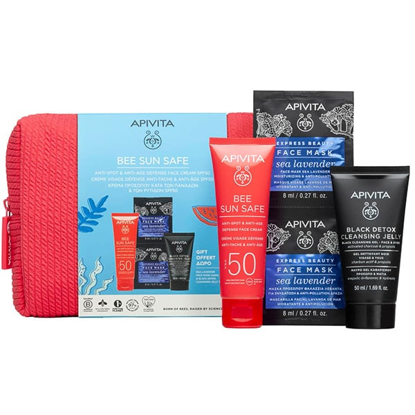  Apivita Promo Bee Sun Safe Anti Spot & Anti Age Spf50 Defence Cream 50 Ml + Maschera Viso Sea Lave + Black Detox Cleansing Gel Con Pochette In Regalo 