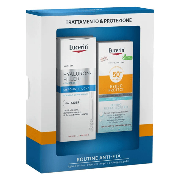  Eucerin Sun Cofanetto Routine Anti-età Siero Viso Hyaluron-filler + Fluido Solare Hydro Protect Spf 50+ 