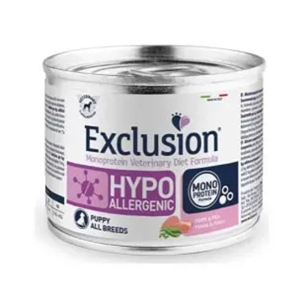  Exclusion Veterinary Diet Formula Hypoallergenic Cibo Umido Maiale/piselli Per Cuccioli Lattina 200g 