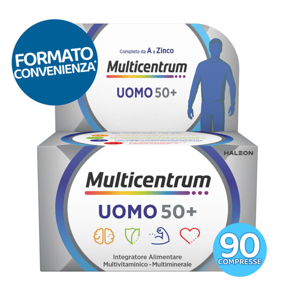  Multicentrum Uomo 50+ Integratore Multivitaminico Completo, Per Uomini Oltre 50 Anni, Formato Convenienza 90 Compresse 