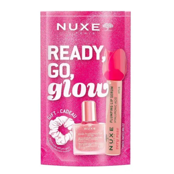  Nuxe Ready Go Glow Pink Kit Promo Con Siero Gloss Labbra Volumizzante, Huile Floral Or Ed Elastico Capelli In Regalo 