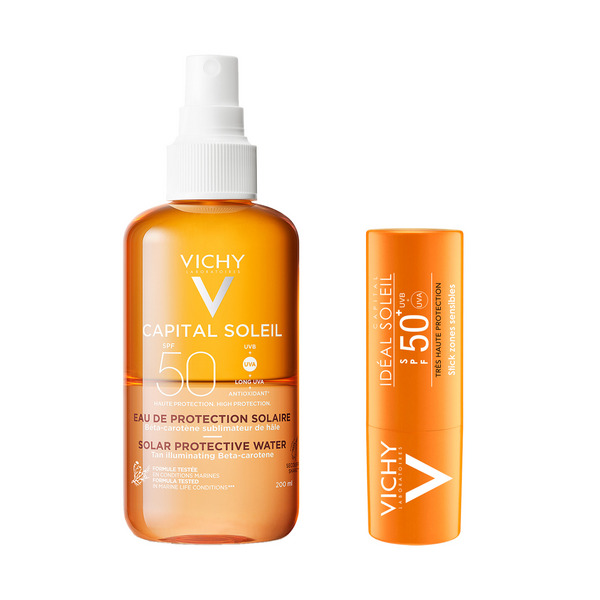  Vichy Eau De Protection Bronzante Spf50 200 Ml + Ideal Soleil Stick Spf50+ 9 G Protezione Solare Completa Per Corpo E Zone Sensibili 
