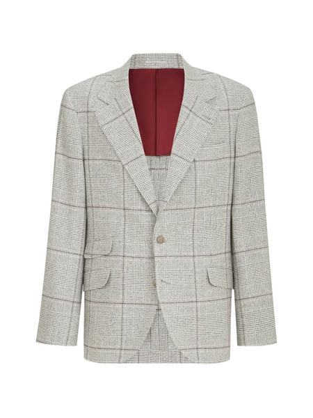  Brunello Cucinelli Blazer Destrutturato Cavallo In Flanella Di Seta, Lana E Cashmere Con Motivo Pied-de-poule E Bottoni In Metallo - Grigio 