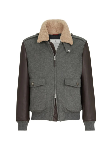  Brunello Cucinelli Bomber In Beaver Di Cashmere E Nappa Con Imbottitura Thermore® E Colletto In Shearling Rimovibile - Grigio 