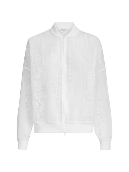  Brunello Cucinelli Bomber In Organza Di Cotone Con Decorazione Con Punto Inglese, Zip E Motivo Monili - Bianco 