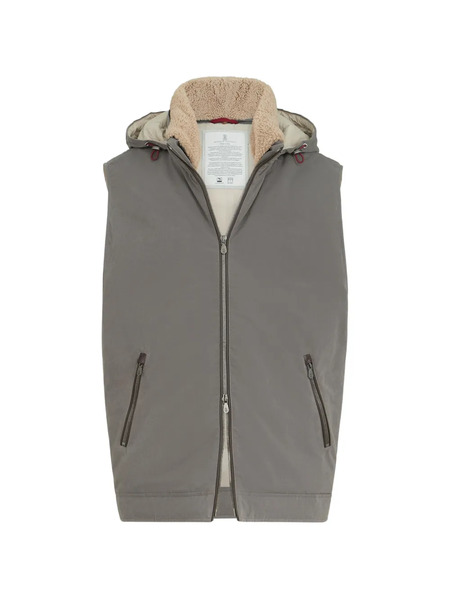  Brunello Cucinelli Gilet Imbottito In Cotone Tecnico Con Finitura Cerata E Cappuccio Rimovibile - Grigio 