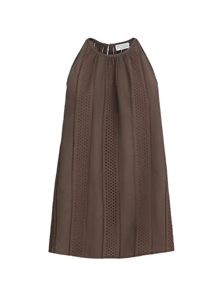  Brunello Cucinelli Top In Popeline Di Cotone Tecnico Con Motivo Monili E Dettagli In Pizzo Sangallo - Marrone 