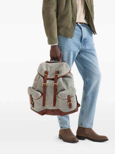  Brunello Cucinelli Zaino In Flanella Di Lana Vergine, Alpaca E Cashmere Con Inserti In Pelle Di Vitello Zigrinata - Grigio 