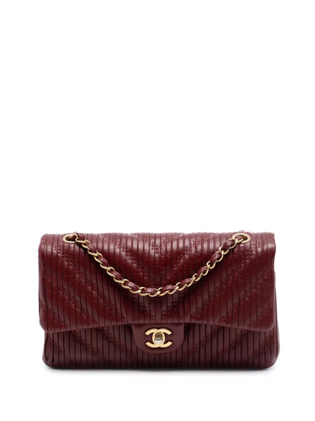  Chanel Pre-owned Borsa A Spalla Pleated Double Flap Media In Pelle Di Vitello Con Motivo Chevron 2018 - Rosso 