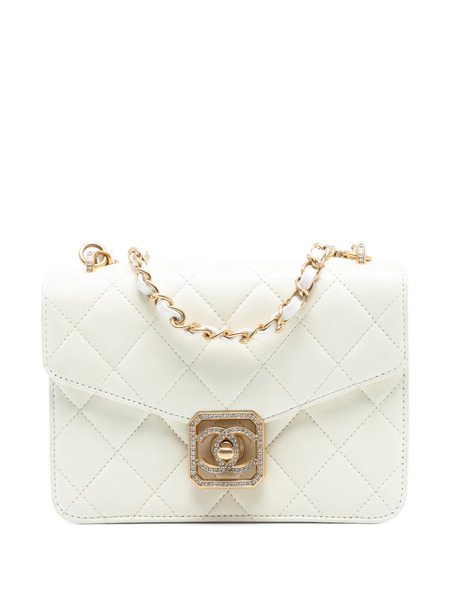  Chanel Pre-owned Borsa A Tracolla Crystal Geometric Cc Frame Flap In Pelle Di Agnello Trapuntata 2021-2025 - Bianco 