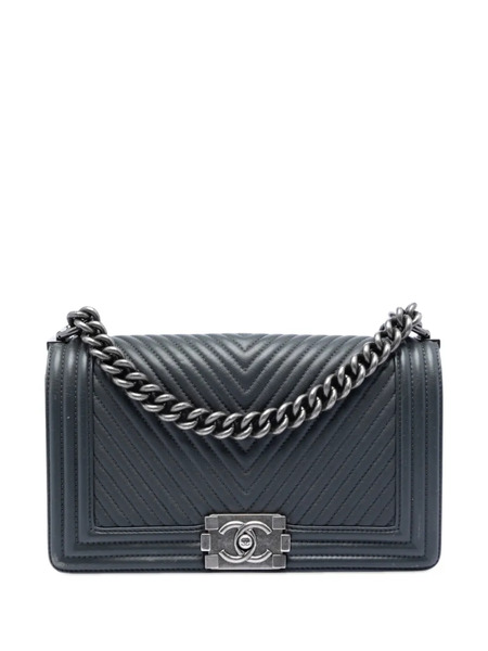  Chanel Pre-owned Borsa A Tracolla New Boy Media In Pelle Di Agnello Con Motivo Chevron 2014 - Grigio 