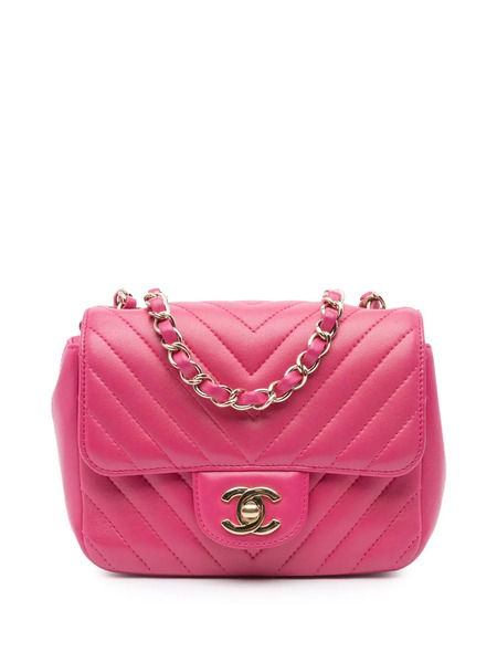  Chanel Pre-owned Borsa A Tracolla Square Classic Mini In Pelle Di Agnello Con Battente E Motivo Chevron 2017-2018 - Rosa 