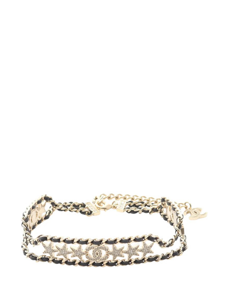  Chanel Pre-owned Choker A Catena Cc Placcato Oro Con Dettagli In Pelle Intrecciata E Strass 2023 - Nero 