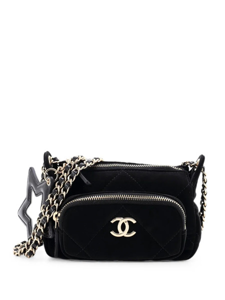  Chanel Pre-owned 25 With Chain Quilted Velvet Effect Nylon And Shiny Crumpled Calfskin Mini Clutch Bag - Nero 