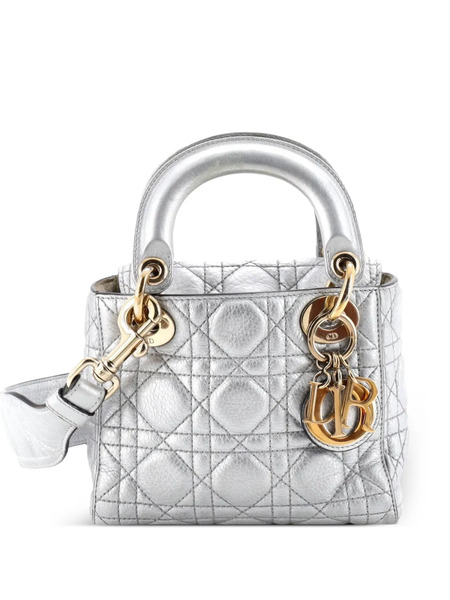  Christian Dior Pre-owned Borsa A Tracolla Lady Dior Mini In Pelle Di Agnello Trapuntata Con Motivo Cannage - Argento 