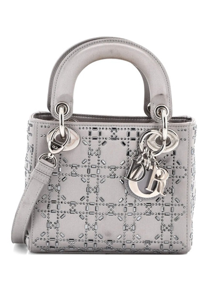 Christian Dior Pre-owned Borsa A Tracolla Lady Dior Mini In Raso Trapuntato Con Motivo Cannage E Cristalli - Grigio 