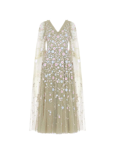  Needle & Thread Abito Lungo Ethereal Blooms Con Maniche Ad Aletta - Verde 