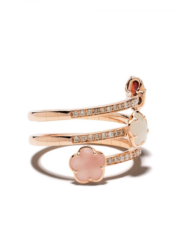  Pasquale Bruni anello Figlia Dei Fiori In Oro Rosa 18kt Con Diamanti, Pietra Di Luna, Granato E Calcedonio 