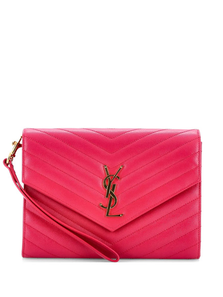 Saint Laurent Pre-owned Clutch Classic Monogram Envelope In Pelle Matelassé Con Motivo Chevron E Cinturino Da Polso - Rosa 