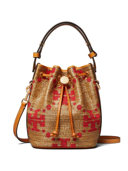  Tory Burch Borsa A Secchiello Mini T Monogram In Paglia - Toni Neutri 