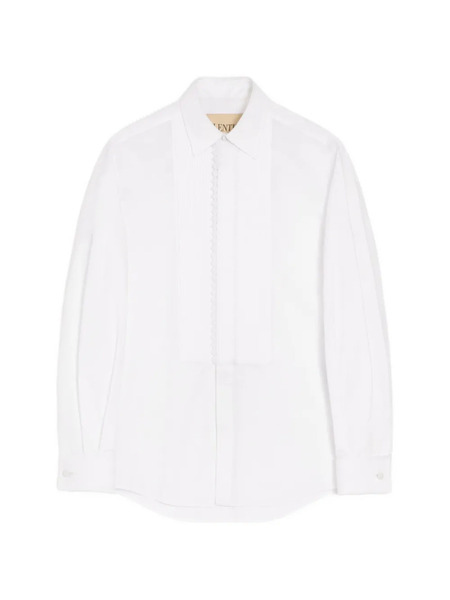  Valentino Garavani Camicia In Popeline Di Cotone Con Plastron Plissettato E Dettagli In Pizzo - Bianco 
