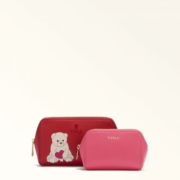  Furla Camelia Beauty Case Toni M1 Red Rosso Pelle Granata Di Vitello Eracle Con Stampa Orso Cuore Donna 