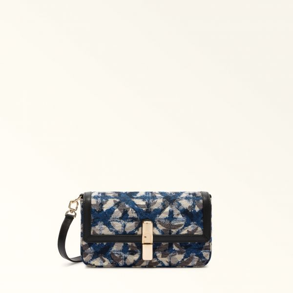  Furla Iride Borsa A Tracolla S Toni Nero Nero Tessuto In Jacquard Con Fiori + Pelle Di Vitello Sidney Donna 
