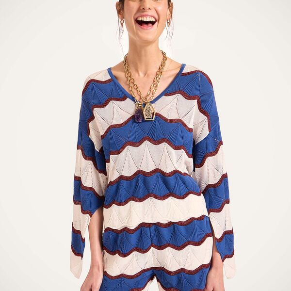  La Doublej Knitwear Women - Hang Ten Top Color Block Ivory & Blue M 50% Cotton 46% Viscose 4% Metal Polyester 