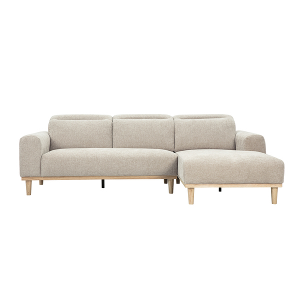  Miliboo Divano Angolare Destro 3 Posti Con Poggiatesta Regolabili In Tessuto Effetto Velluto Testurizzato Beige E Legno Chiaro Horacio 