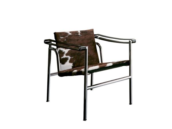  1 Fauteuil Dossier Basculant - Poltroncina - Cromo / Pelle Con Pelo Pezzato Normanno / Braccioli Cuoio Nero 