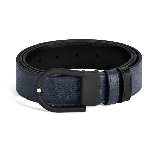  Montblanc - Cintura Reversibile Horseshoe 35 Mm In Pelle Con Grana - Blu Mezzanotte - Pellame - Mb222413 - Cinture 