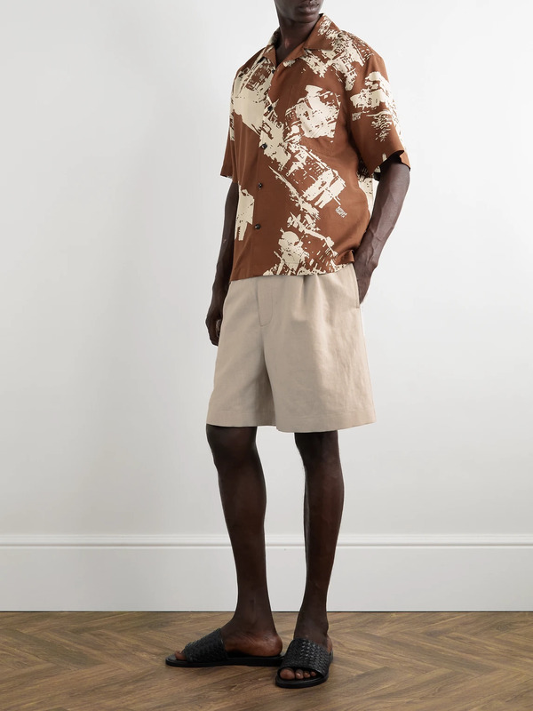  Bottega Veneta - Convertible-collar Printed Silk And Cotton-blend Shantung Shirt - Men - Brown - It 46 