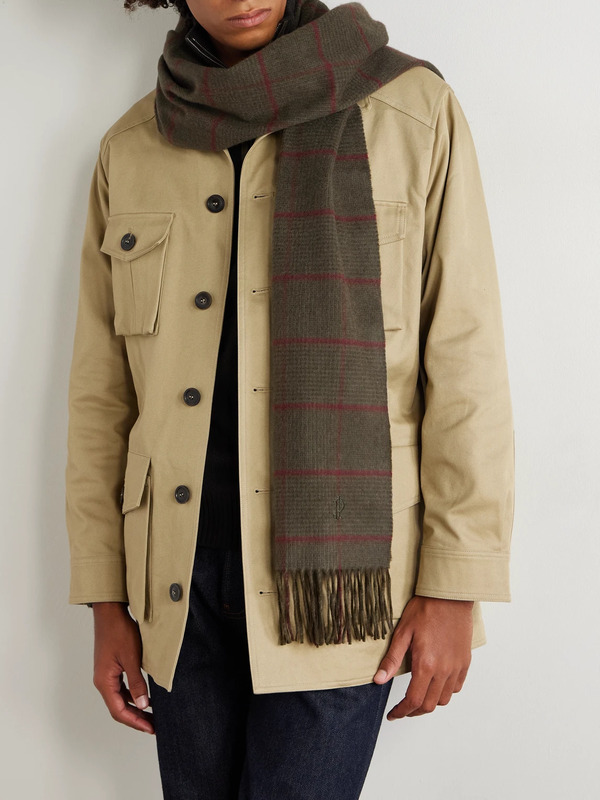  Purdey - Logo-embroidered Frayed Prince Of Wales Checked Cashmere Scarf - Men - Green 