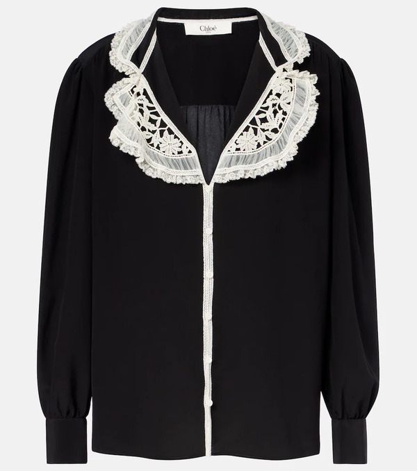  Chloe Chloé Blusa In Crêpe De Chine Di Seta Con Pizzo 