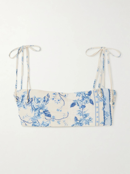  Agua By Agua Bendita Agua By Agua Bendita - Primavera Bougainvillea Faux Pearl And Bead-embellished Floral-print Recycled Bikini Top - Blue 