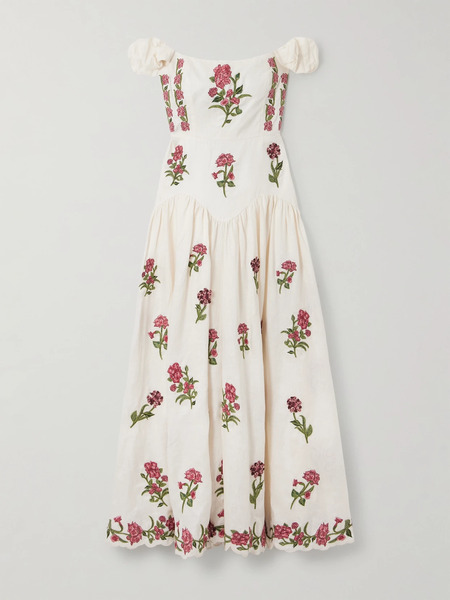  Agua By Agua Bendita Agua By Agua Bendita - Siembra Off-the-shoulder Appliquéd Embroidered Printed Linen Maxi Dress - Cream 