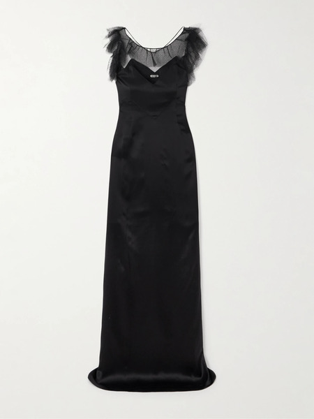  Bode Bode - Prima Ruffled Mesh-trimmed Silk-satin Maxi Dress - Black 